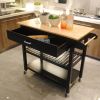 Kitchen Island Cart, Rolling Trolley Cart Utility Cabinet, With Rubber Wood Top, Easy -Clean With Towel Rack, one Drawer, Lockable Wheels, Black
