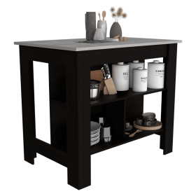 Delos Kitchen Island, kitchen table 35" H, Four Legs, Three Open Storage Shelves (Color: Black / Ibiza Marble)