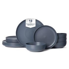 12-Piece Stoneware Dinner Plates Bowls Sets | Microwave & Dishwasher Safe | Non-Toxic Dinner Plates Bowls Set | Stackable Matte Glaze Kitchenware for (Main Color: Blue, Main Material: Stone)