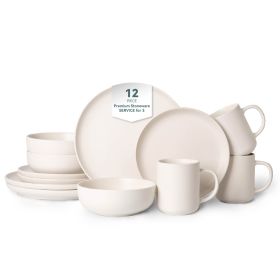12-Piece Stoneware Dinnerware Sets with Mugs | Microwave & Dishwasher Safe | Non-Toxic Dinner Plates Bowls Set | Stackable Matte Glaze Kitchenware for (Main Color: White, Main Material: Stone)