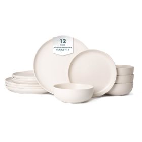 12-Piece Stoneware Dinner Plates Bowls Sets | Microwave & Dishwasher Safe | Non-Toxic Dinner Plates Bowls Set | Stackable Matte Glaze Kitchenware for (Main Color: White, Main Material: Stone)