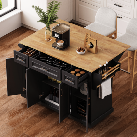 54 inch Large Kitchen Island with Rubber Wood Drop Leaf, Embossed Texture Rolling Kitchen Cart on 4 Wheels with 4 Doors and 3 Drawers (Material: MDF,Rubber Wood, Color: Black)
