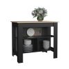 Delos Kitchen Island, kitchen table 35" H, Four Legs, Three Open Storage Shelves